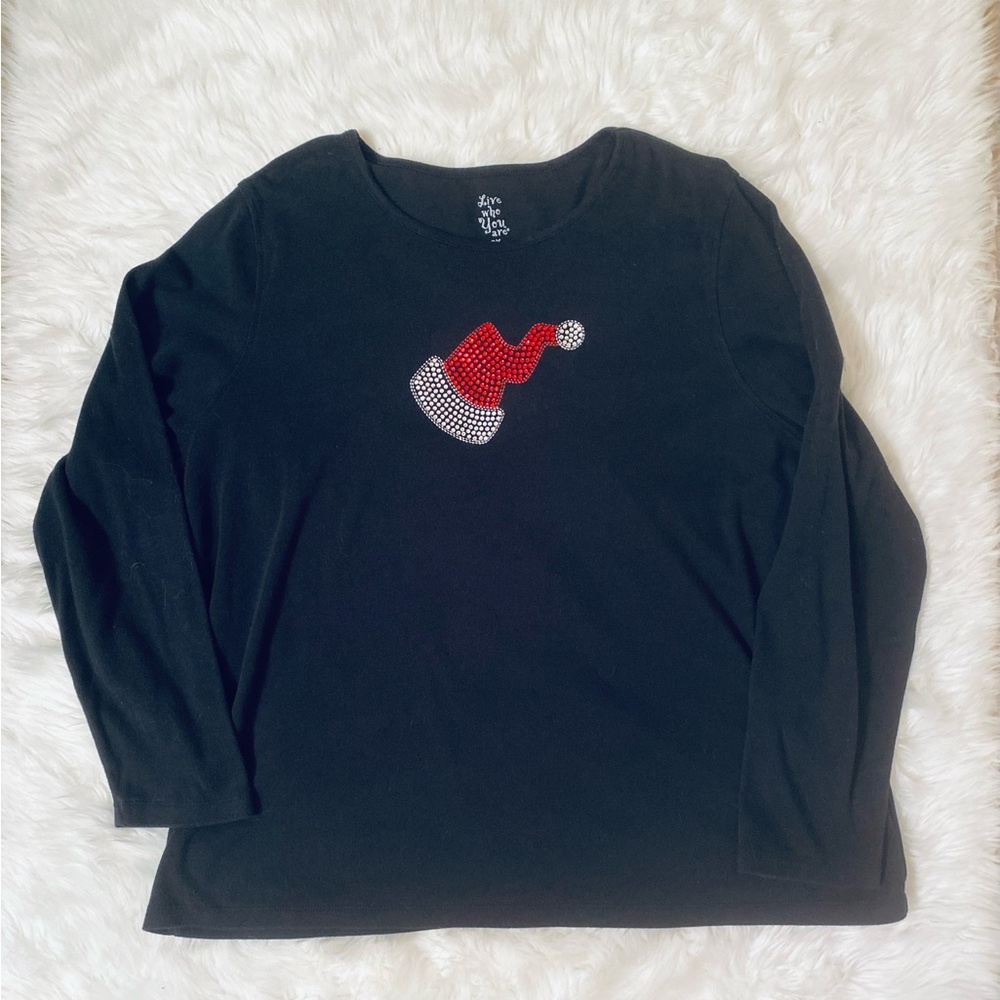 LIVE WHO YOU ARE Women’s Santa's Color Beaded Hat Design Black L/S Top Size 2X
